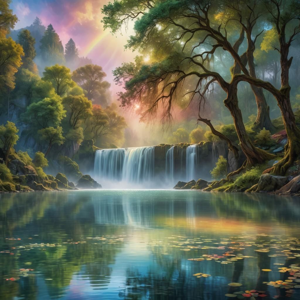 Serene Waterfall Lake Scene in Impressionist Style
