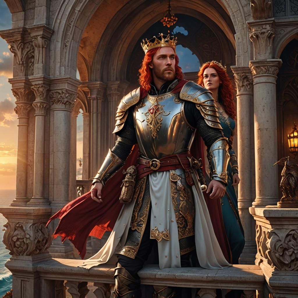 Medieval Prince and Princess Watch Dragon Sunset