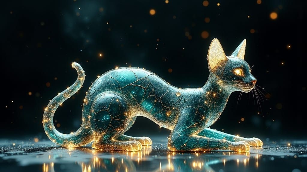 Kintsugi Glass Cat Sculpture with Glowing Gold Repairs