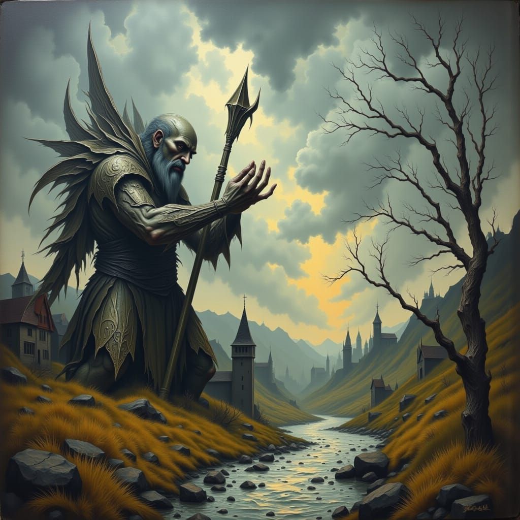 Desolate Fairy Giant Beside Small Village