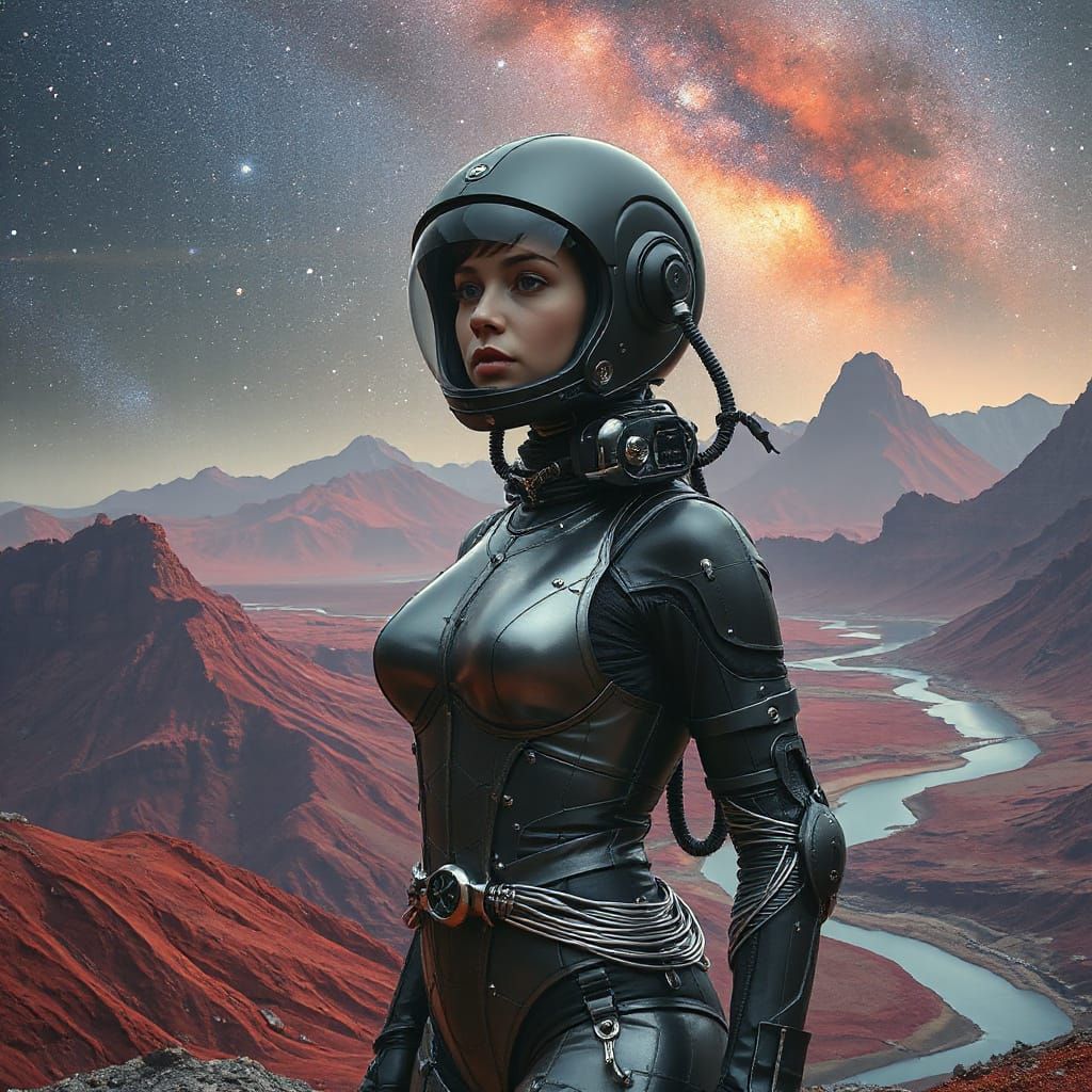 Steampunk Cyborg in Alien Landscape with Galaxies