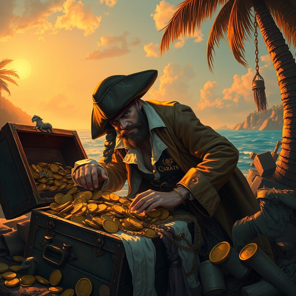 Pirate Treasure Hunter Amidst Tropical Sunset