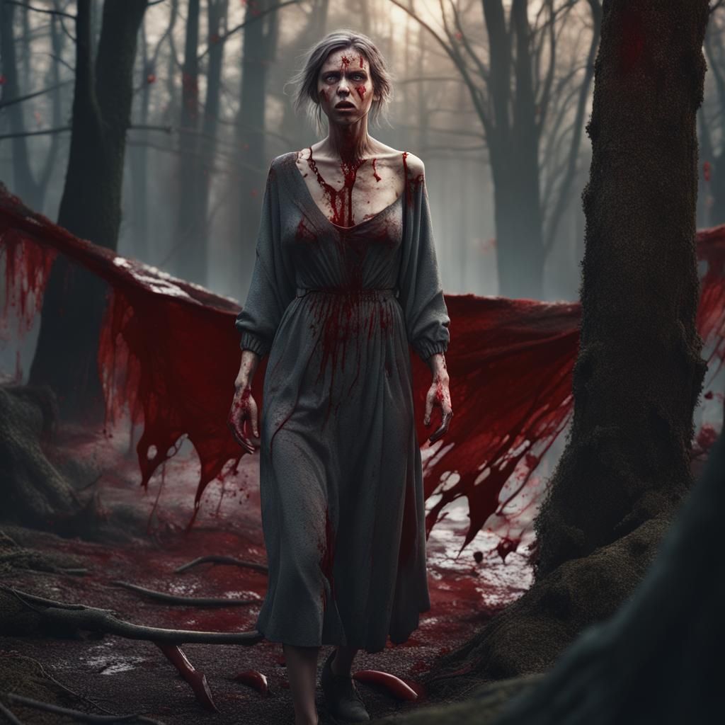 Frightened Woman in Woods: Detailed Matte Painting