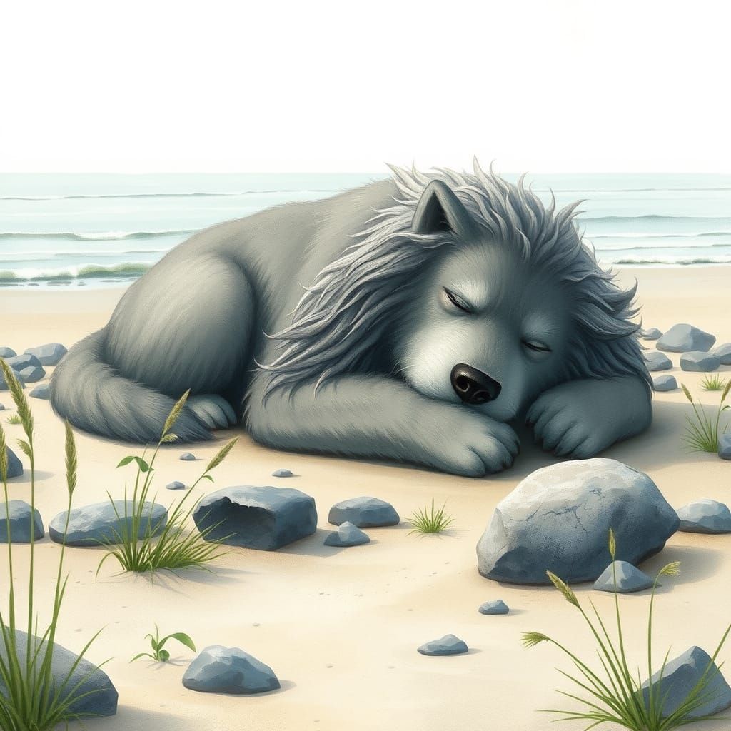 Whimsical Sea Dog at Peace on Serene Beach