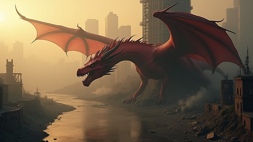 Crimson Dragon Coils Around Ruined Skyscraper