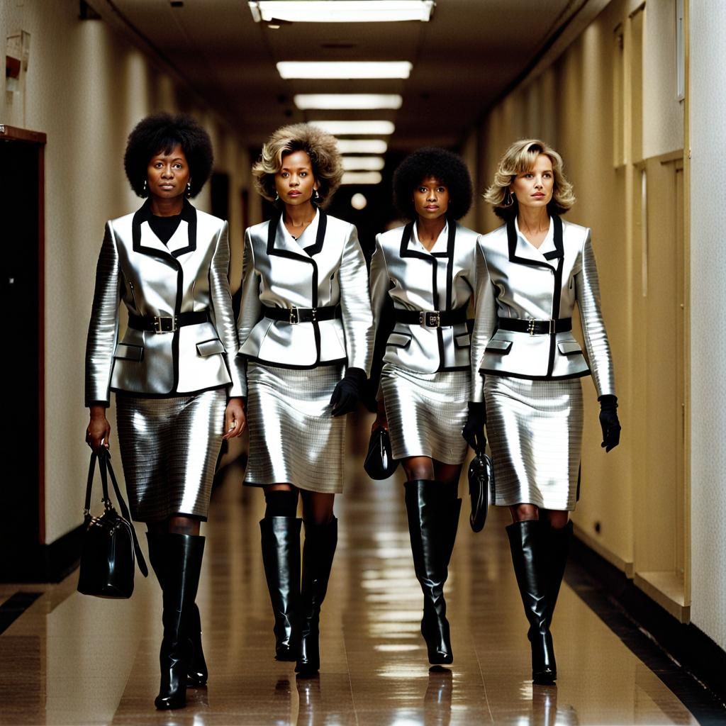 Women in Silver Skirt Suits with Black Trim