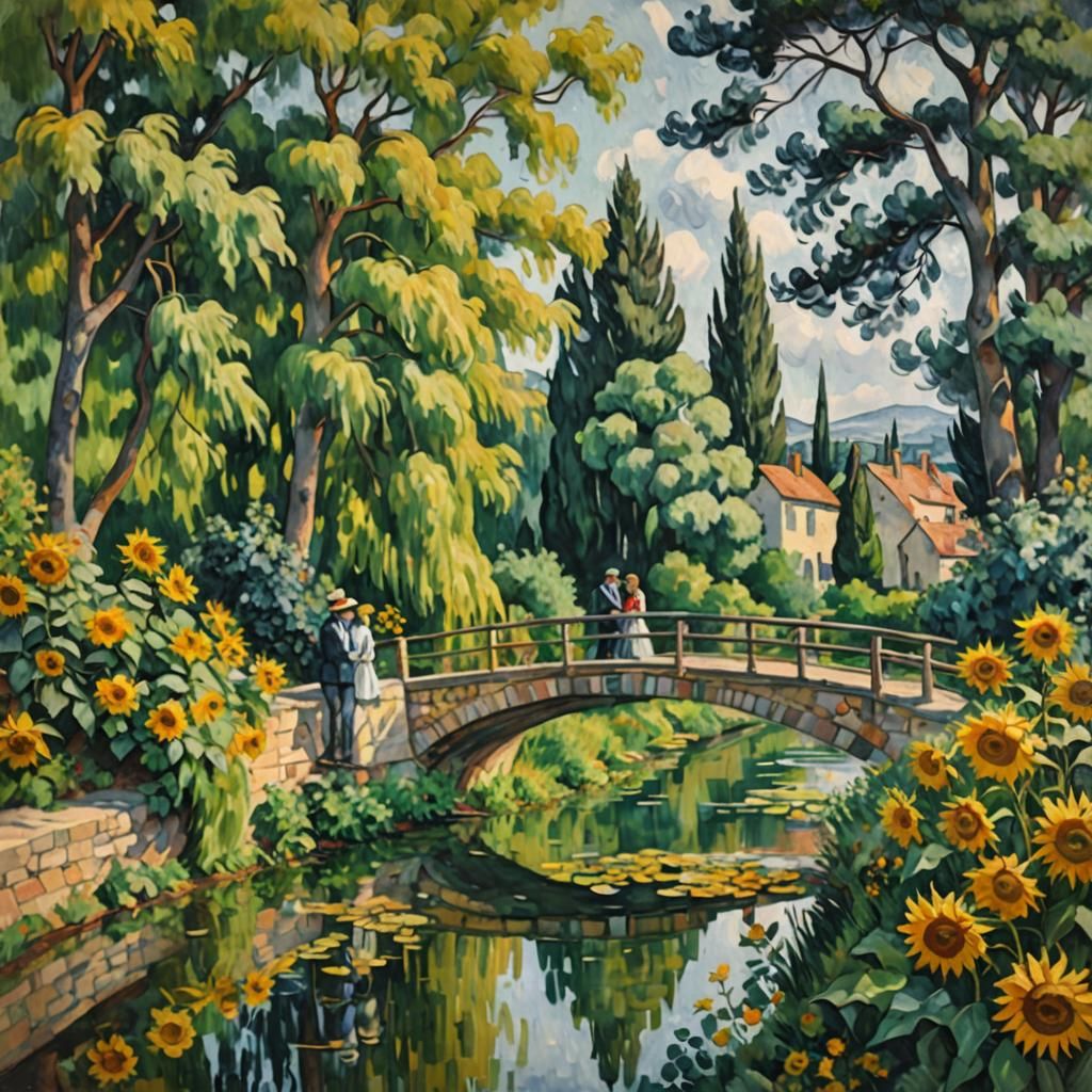 Impressionist Couple on Bridge in Cézanne Style