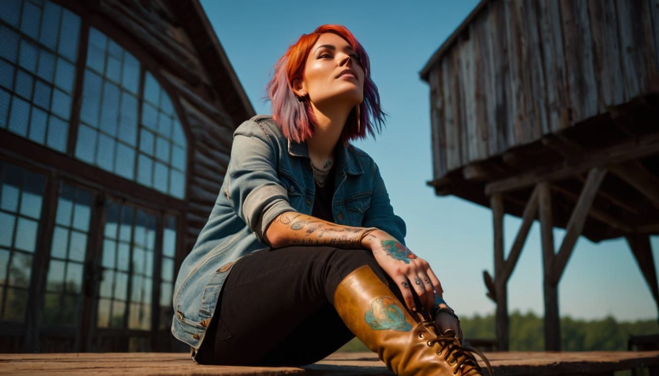 Woman with Multicolored Hair Gazing Skyward