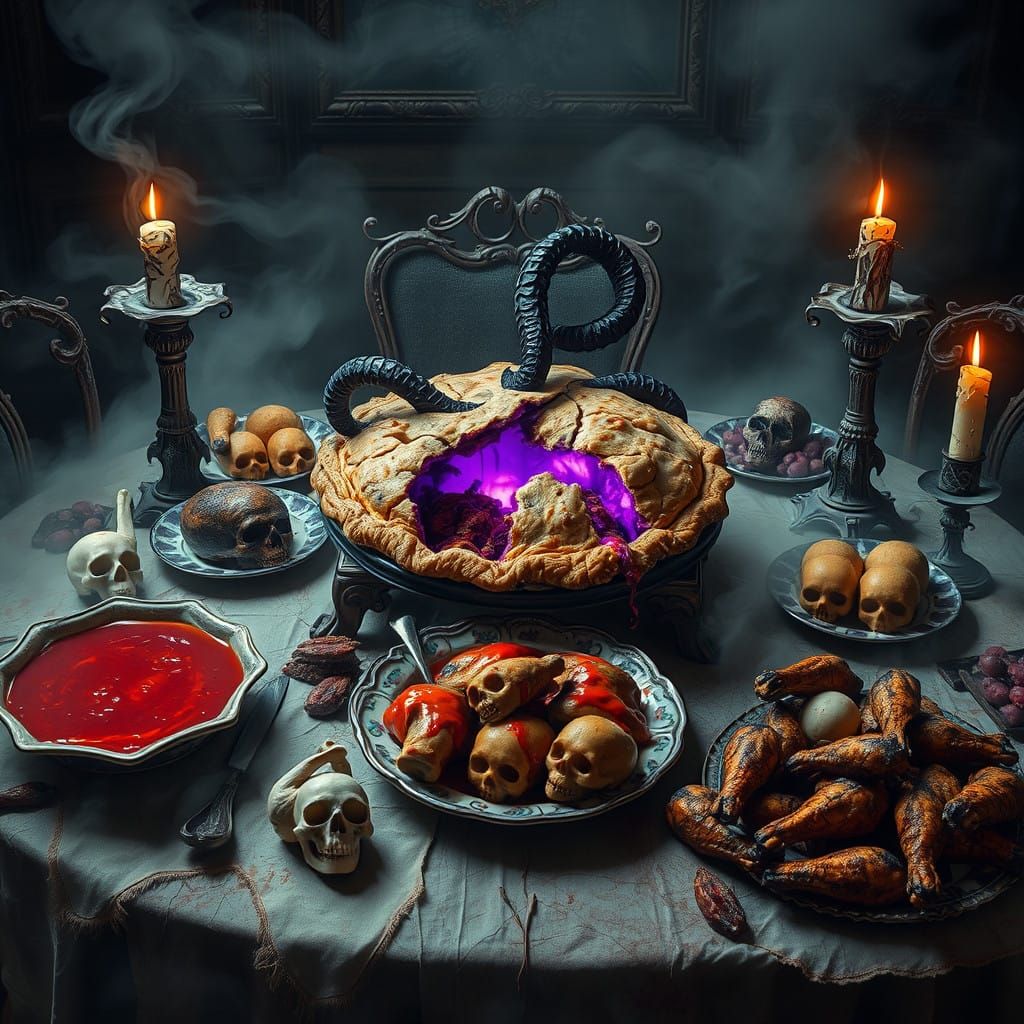 Haunted Feast in a Decaying Banquet Setting