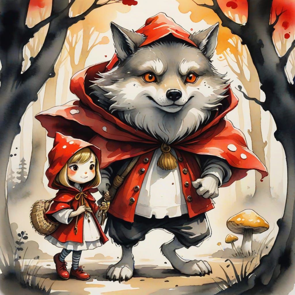 Mushroom Little Red Riding Hood in Sumi-e Style