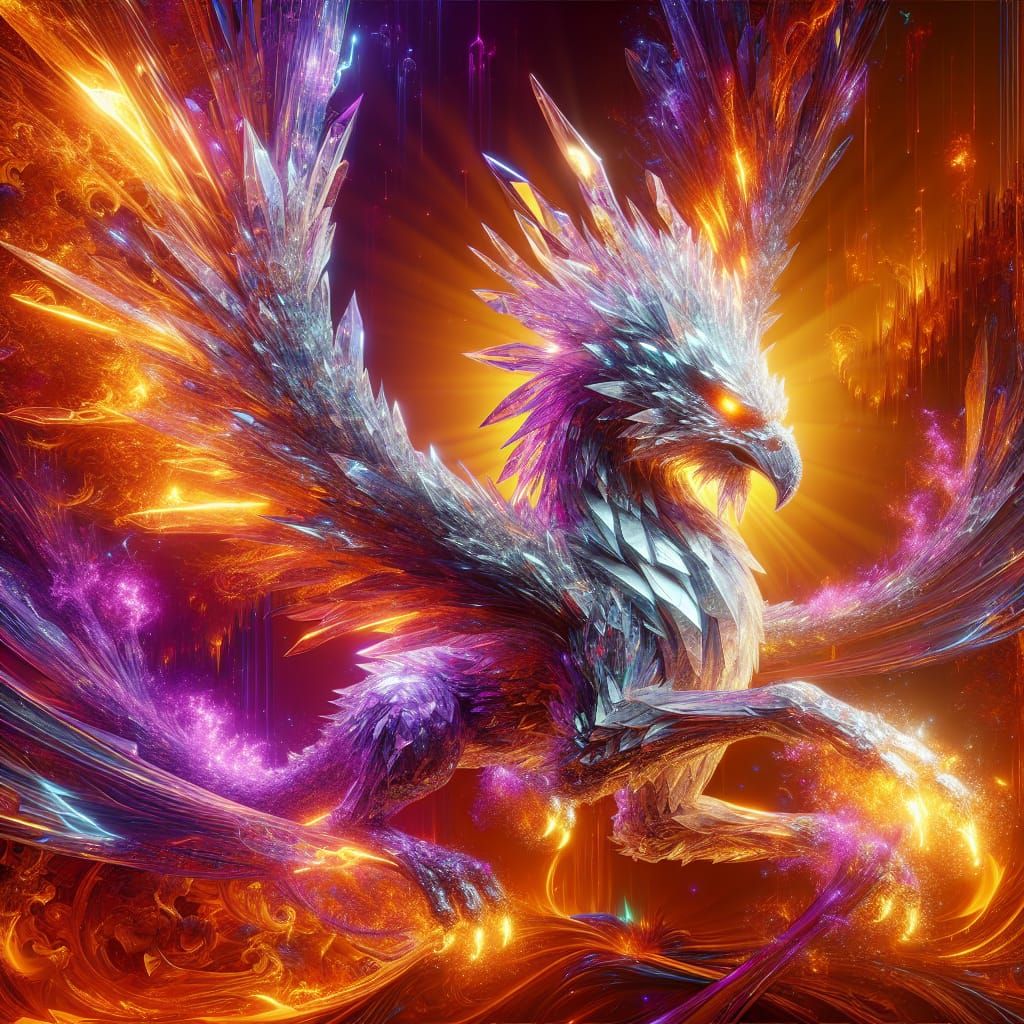Intricate Crystal Gryphon with purple and orange lightning s...