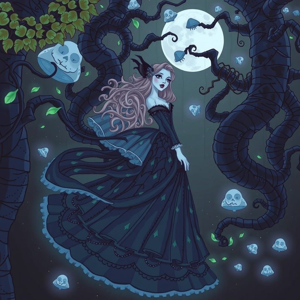 Whimsical Woman in Eerie Forest, Baroque Style