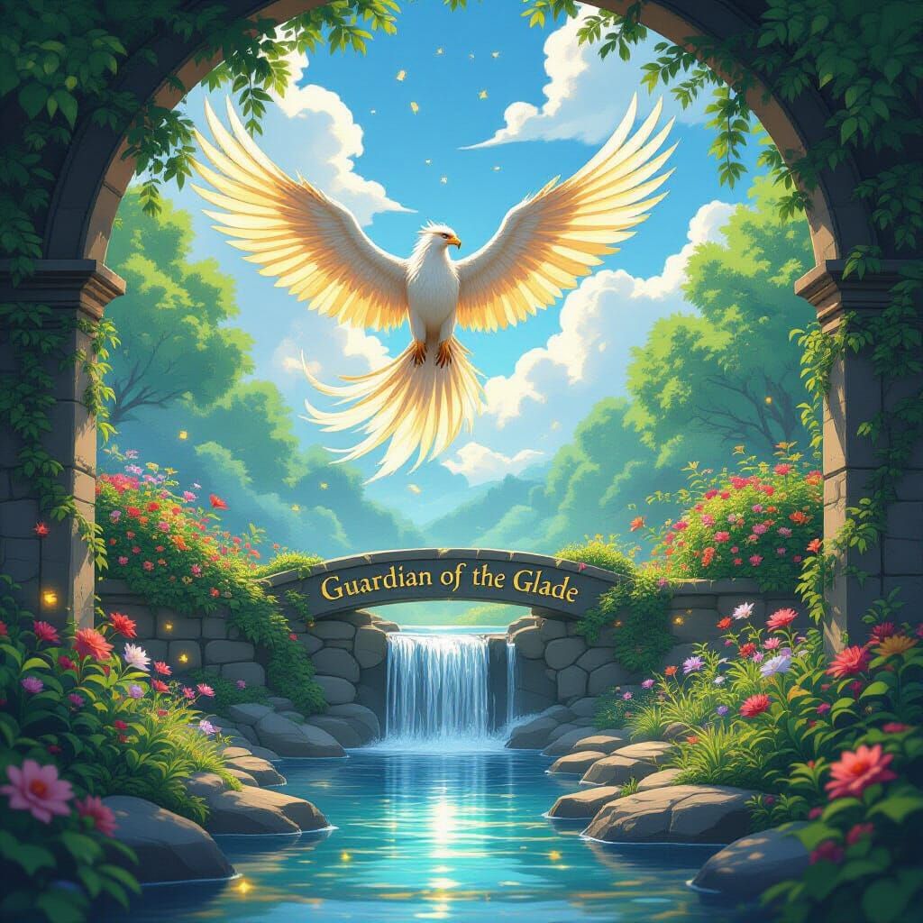 Griffin Soaring Above Hidden Garden in Anime Style