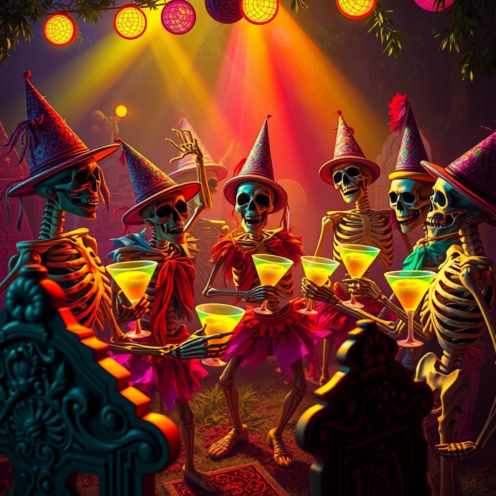 A fun party scene! Graveyard with multiple skeletons dancing...
