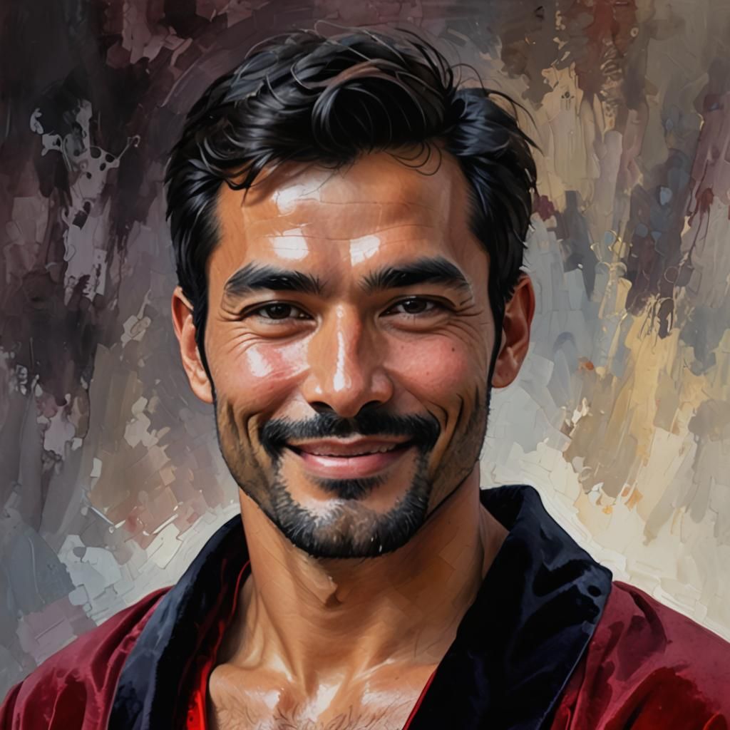 Joyful Man in Red Velvet Robe: Impressionist Portrait