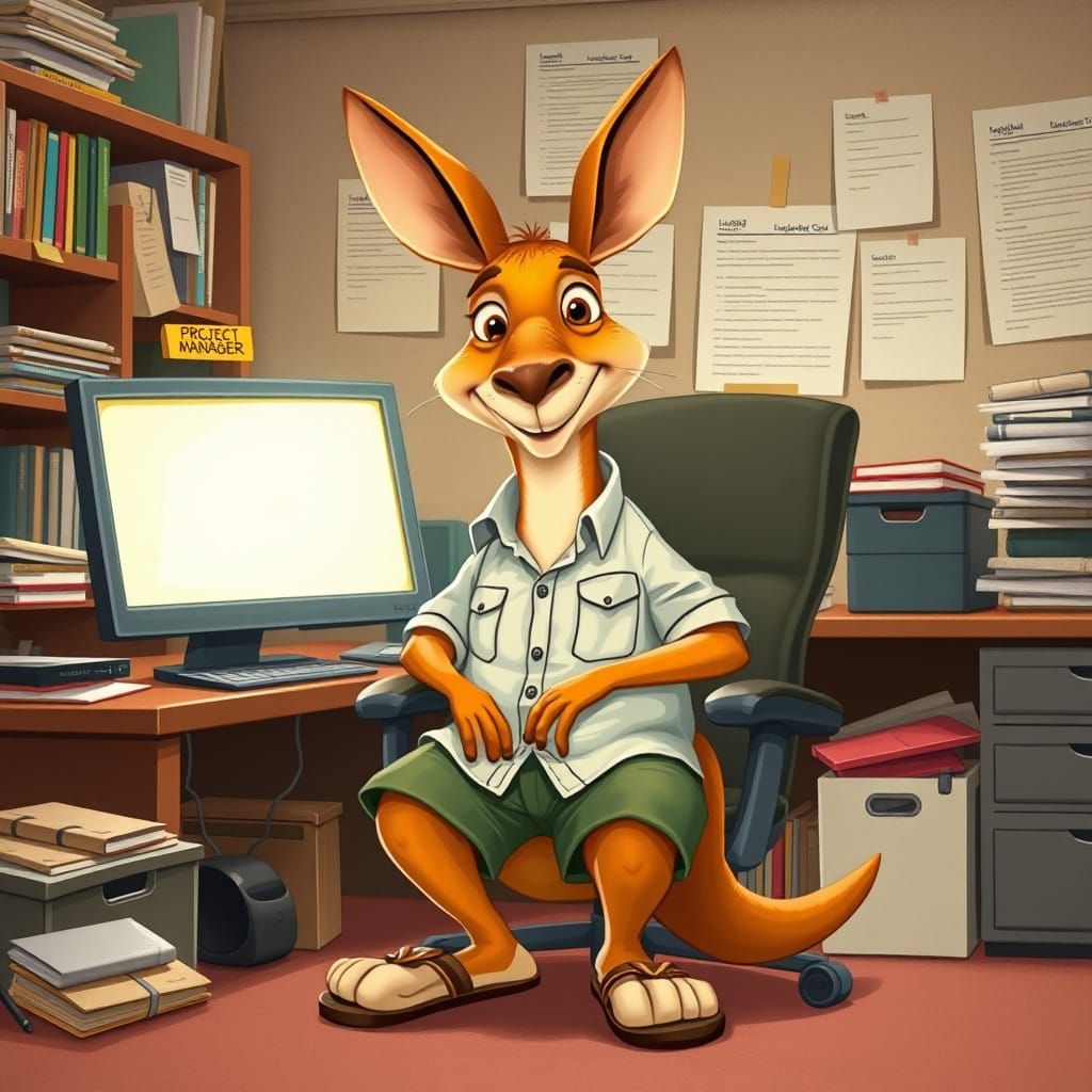 Kangaroo Project Manager at Work in Whimsical Office