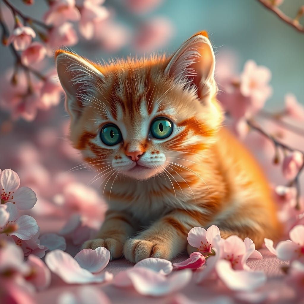Whimsical Ginger Kitten Amidst Cherry Blossoms in Dreamy Mat...