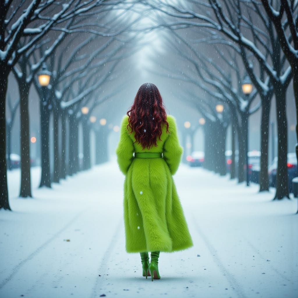 Woman in Lime Green Fur Coat in Snowy Park