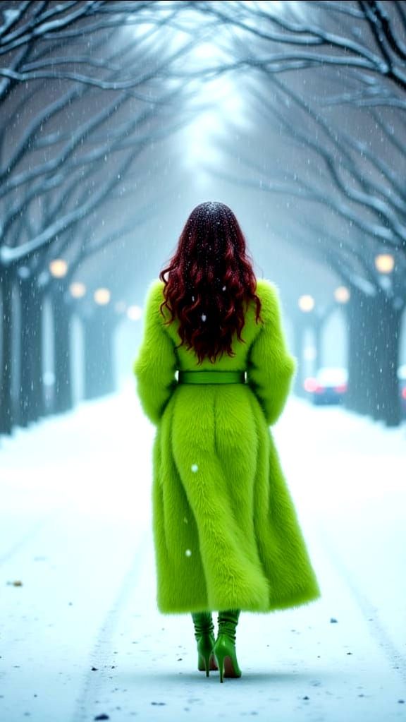 Winter Park Scene with Woman in Lime Green Fur Coat