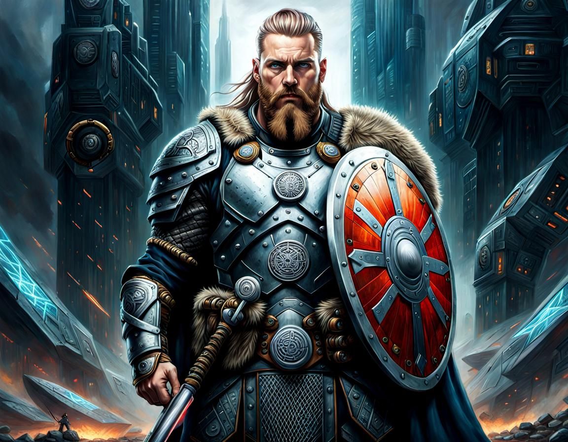 Cyberpunk Viking Warrior with Cybernetic Implants