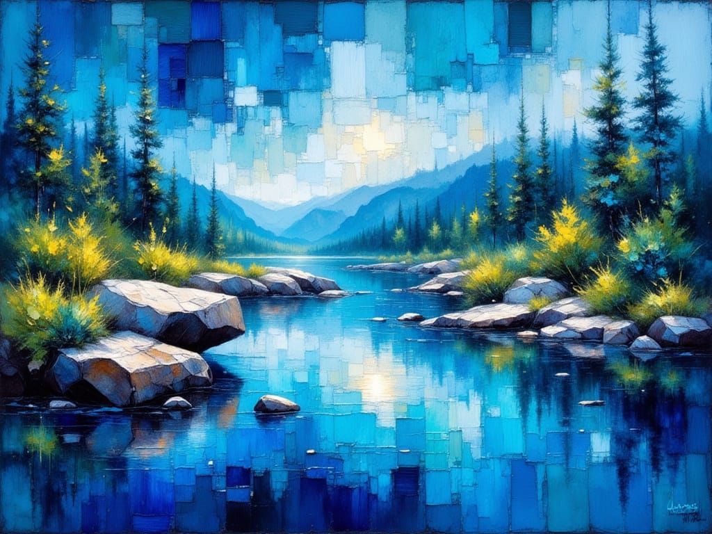 Vibrant Blue River in Abstract Expressionist Impasto Style