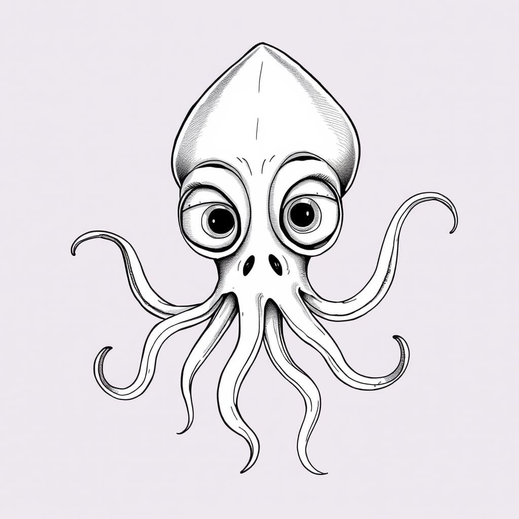 Whimsical Squid Portrait in Charcoal-Inspired Art Style