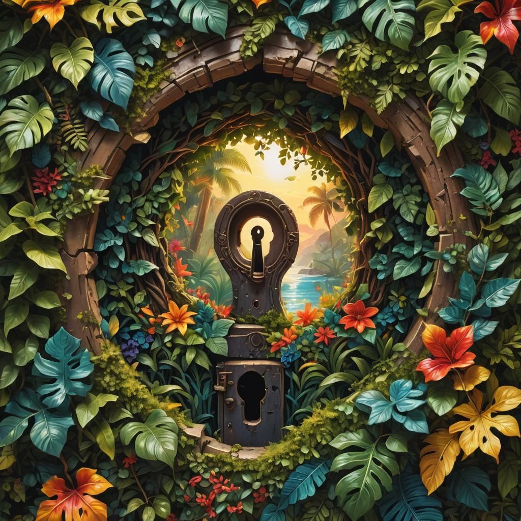 Paradise Through Keyhole: Hyperrealistic Splash Art