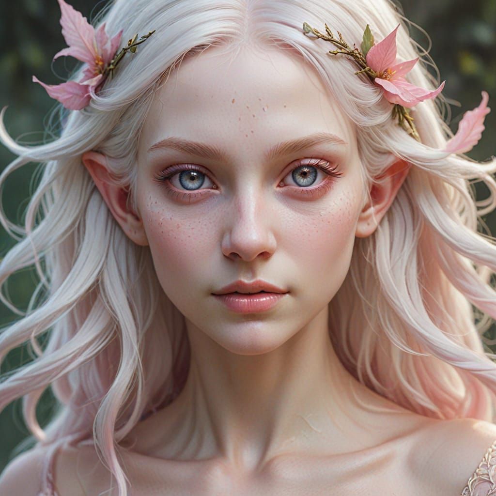 Ethereal Four-Armed Elf with Pink Eyes in Pastel Colors