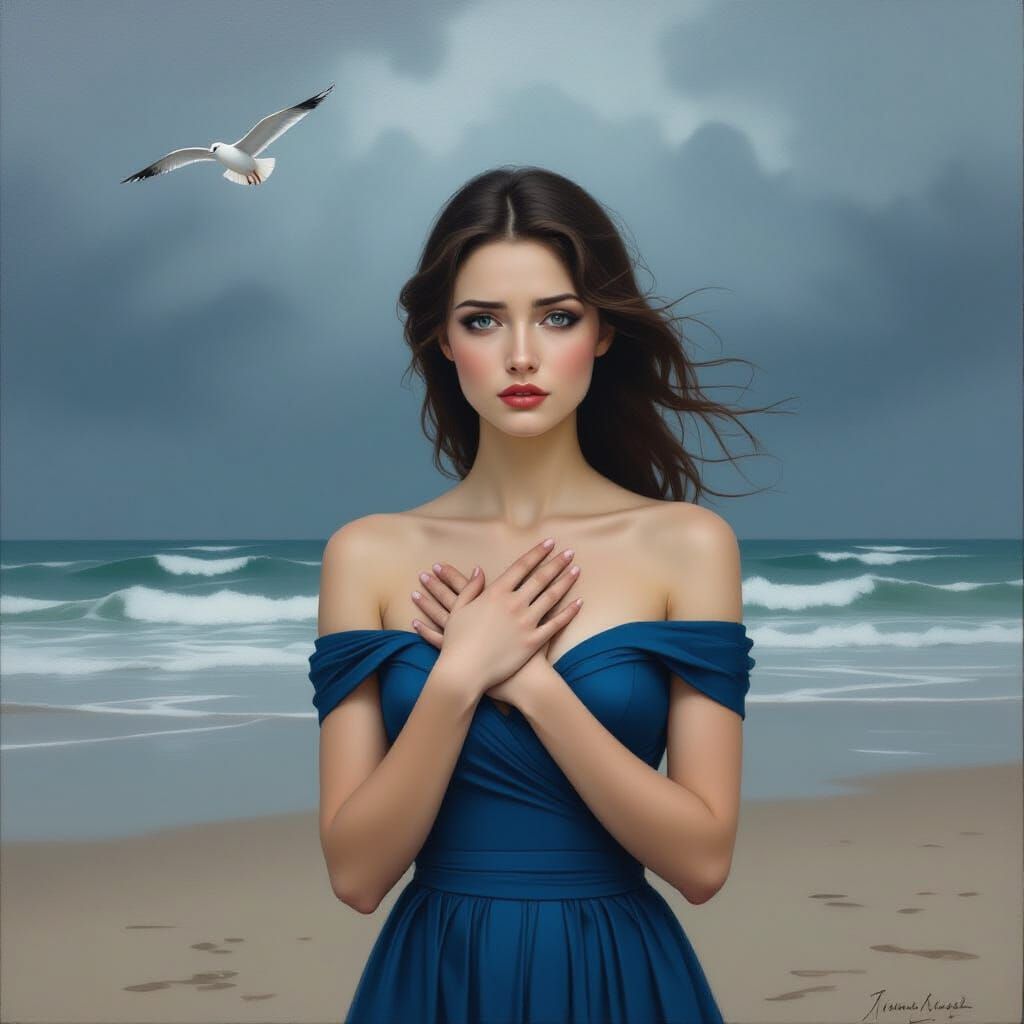 Woman's Resilient Sadness on Stormy Beach