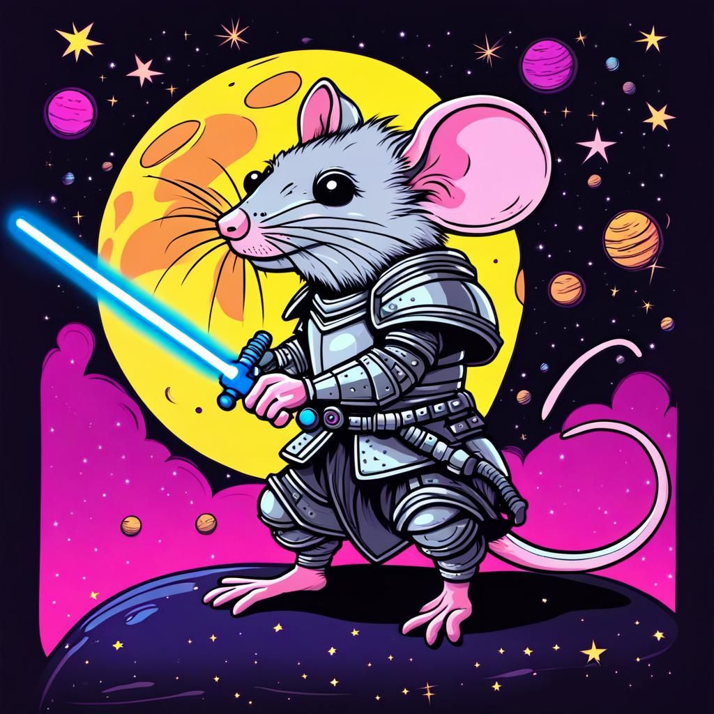 Cute silly rat wearing knight armor, huge planets, standing in outer space holding lightsaber and stars.
Fluorescent bla...