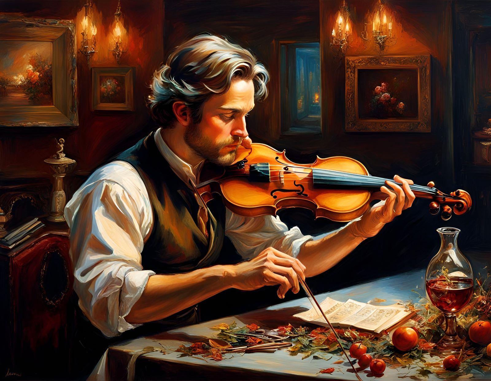 Violinist Plays at Restaurant Table, Retro Photograph Style