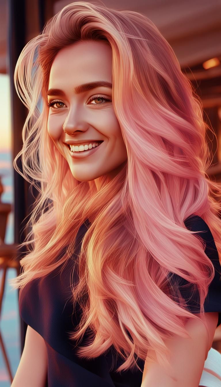 Woman's Joyful Smile at Sunset in Digital Painting