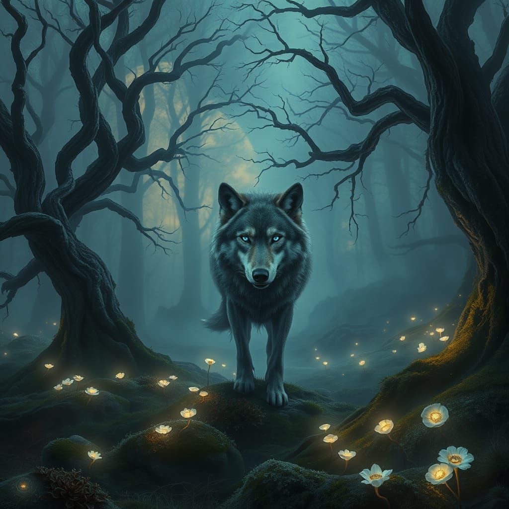 Ethereal Forest Twilight with Glowing Fungi and Lone Wolf