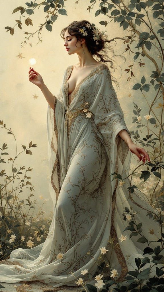 Ethereal Art Nouveau Goddess in Soft, Dreamy Landscape