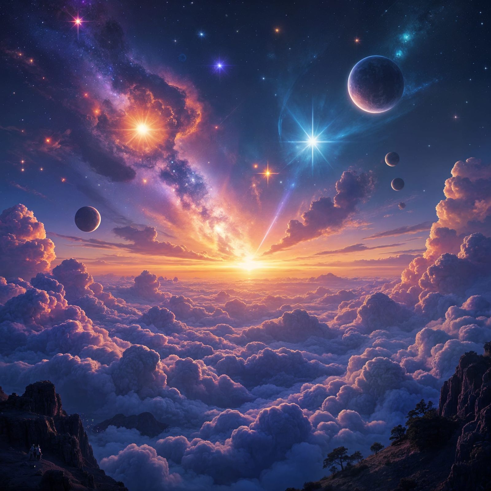 Surreal Cosmic Panorama with Aurora and Solar Eclipse