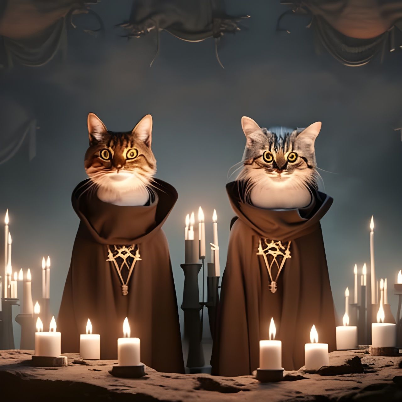 Cats Perform Occult Ritual with Baphomet Statue