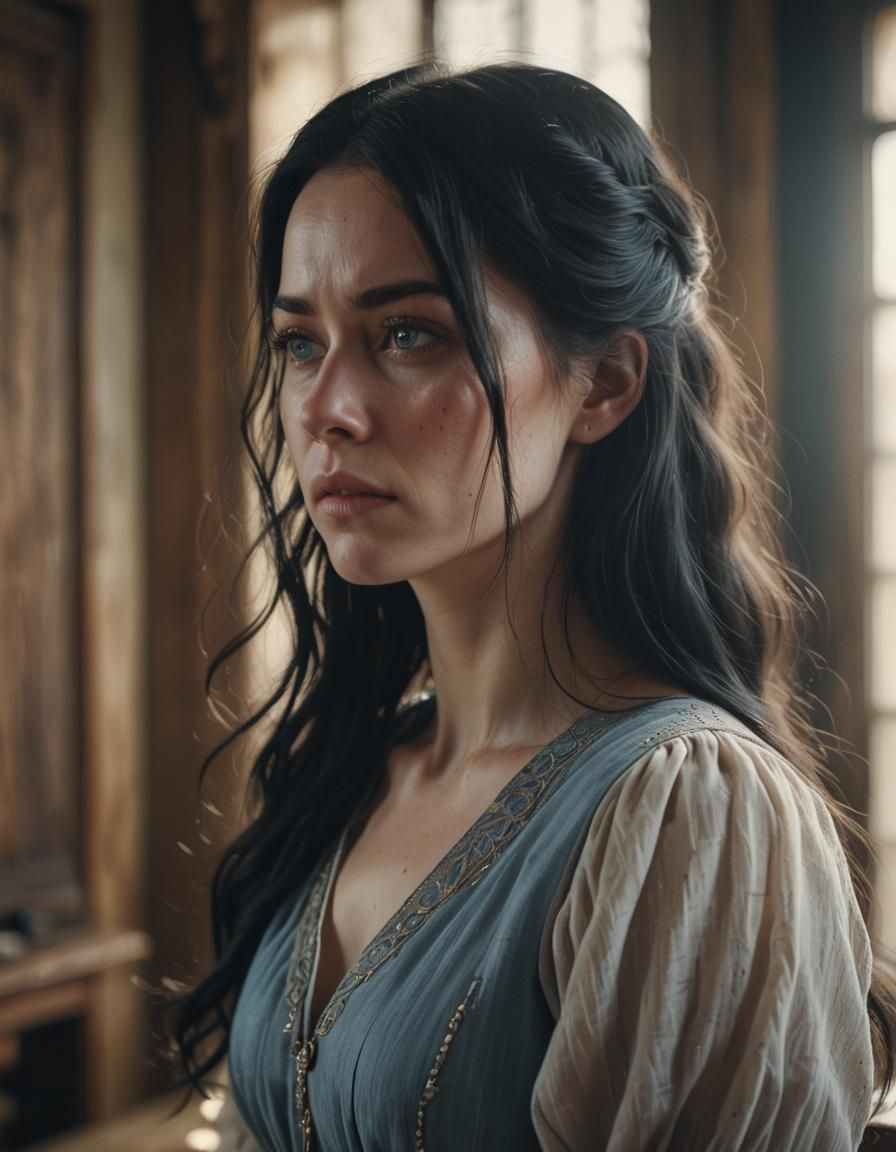 Sad Woman Portrait in Dimly Lit Room