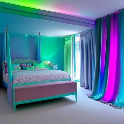 Iridescent Mermaid bedroom with iridescent blue walls with iridescent green accents& iridescent purple accents& sliver w...