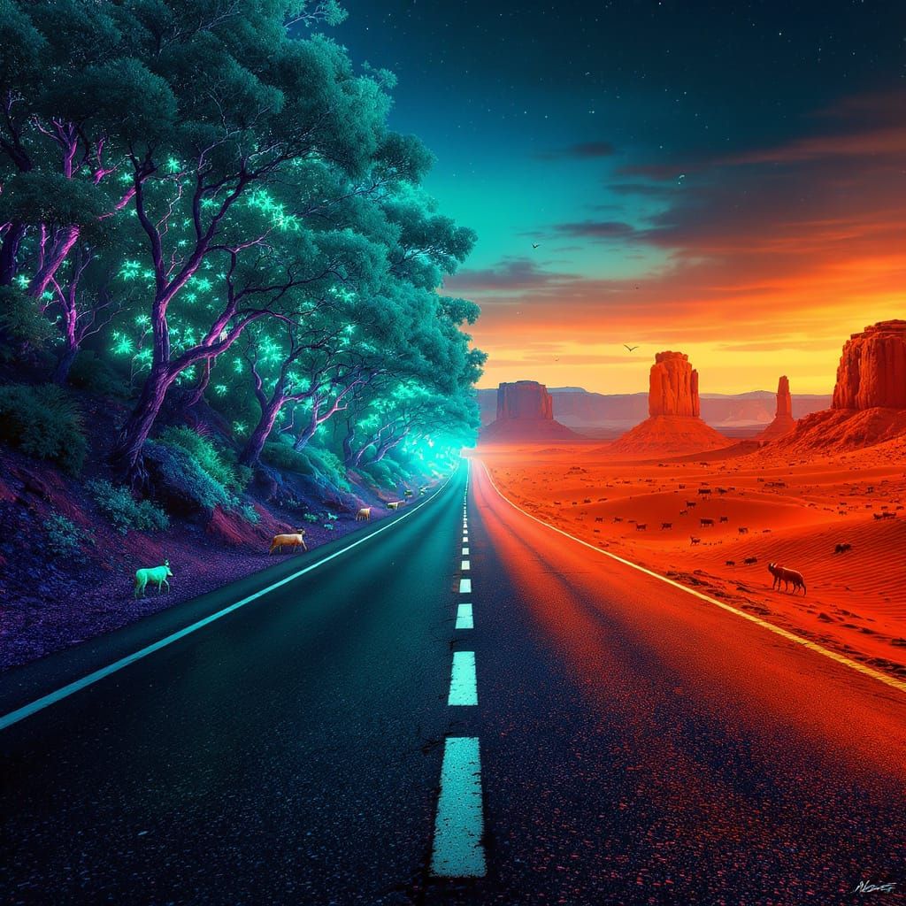 Hyperrealistic Road Between Neon Forest and Desert