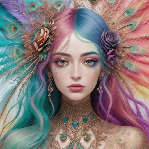 Rose Gold Woman with Peacock Feathers as Mixed Media