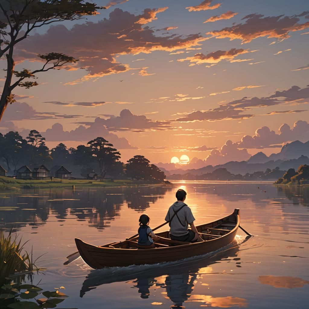 Father and Daughter Rowing at Sunset in Anime Style