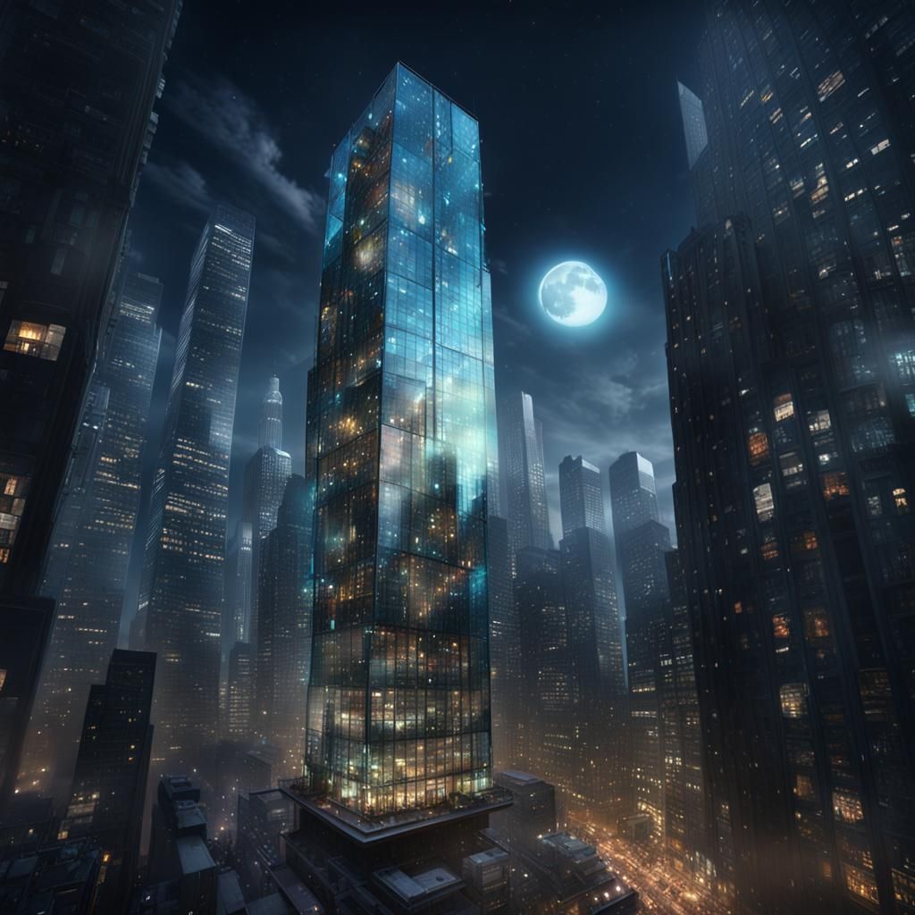 Glass Skyscraper in Bustling City at Night