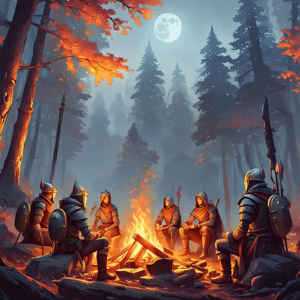 Elven Warriors Campfire in Misty Forest Oil Painting