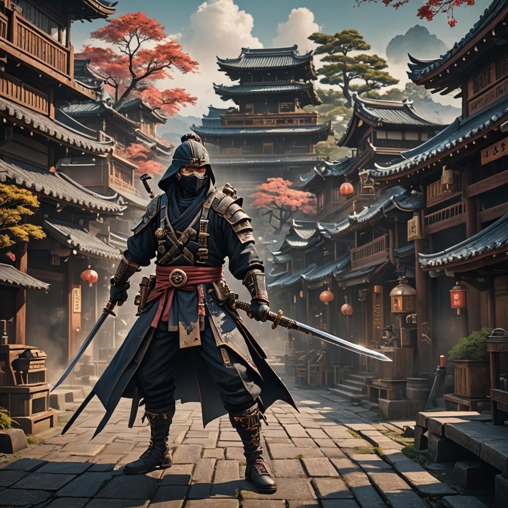Steampunk Ninja in Ancient Japanese Town: Detailed Matte Pai...
