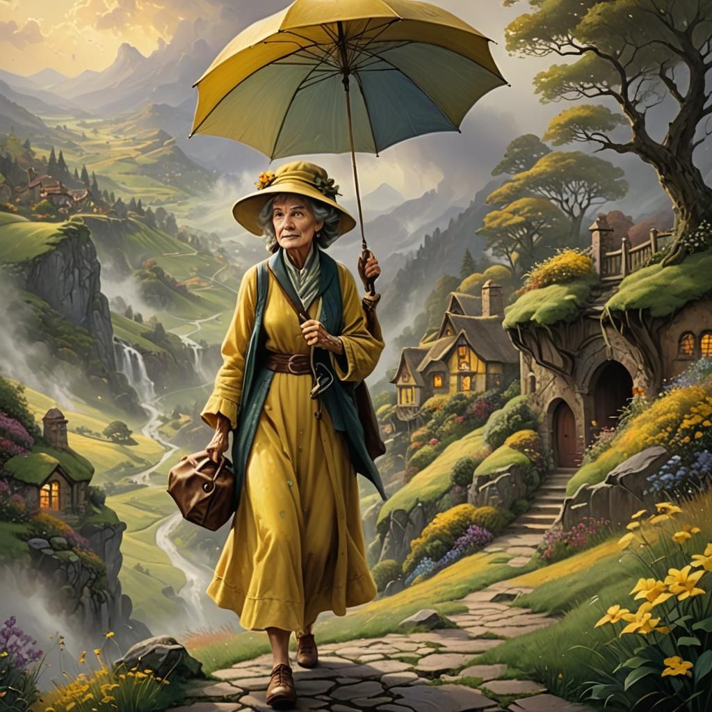 Hobbit Lady with Umbrella in Ethereal Landscape