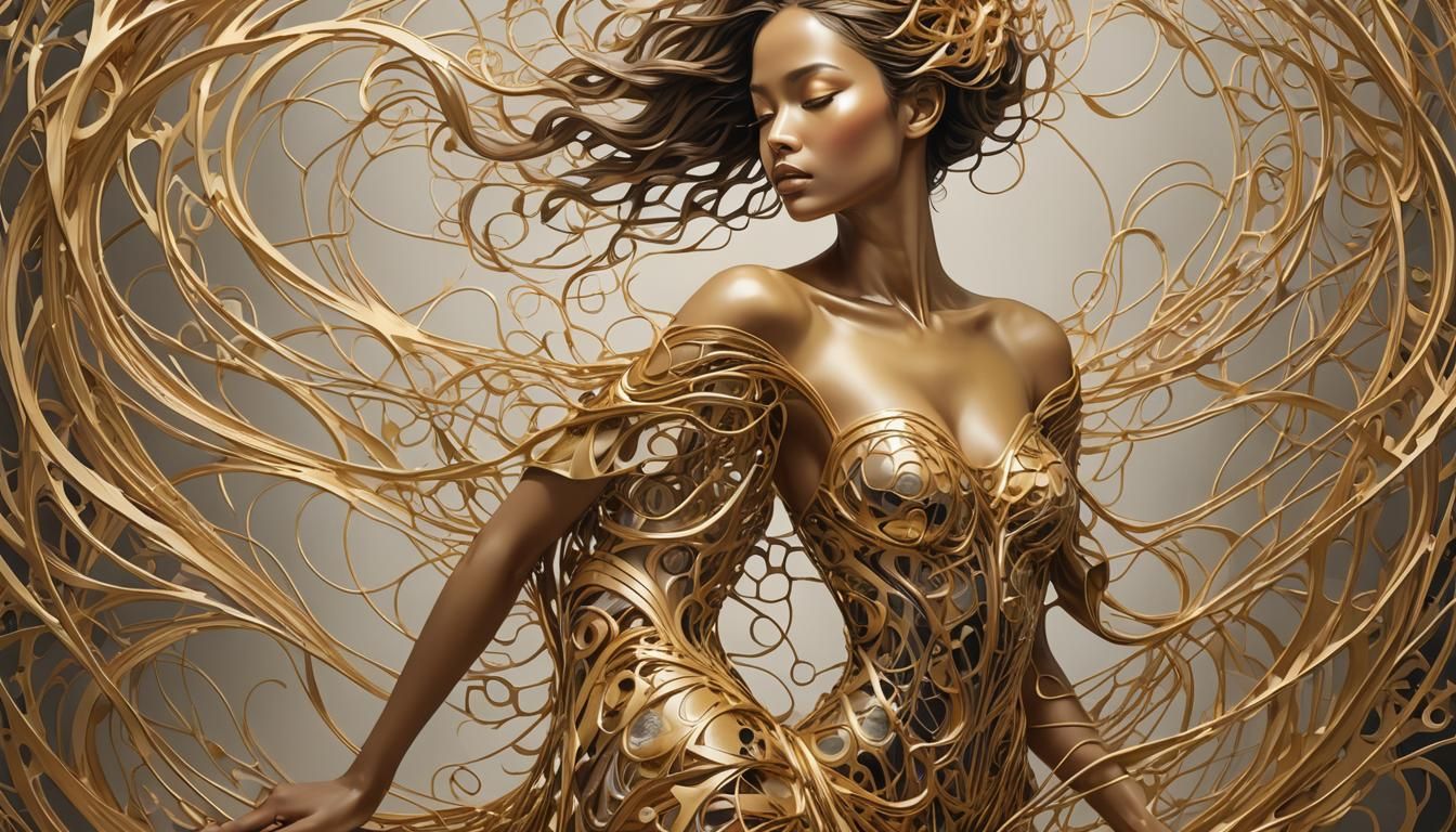 Golden Woman Emerges from Abstract Lines