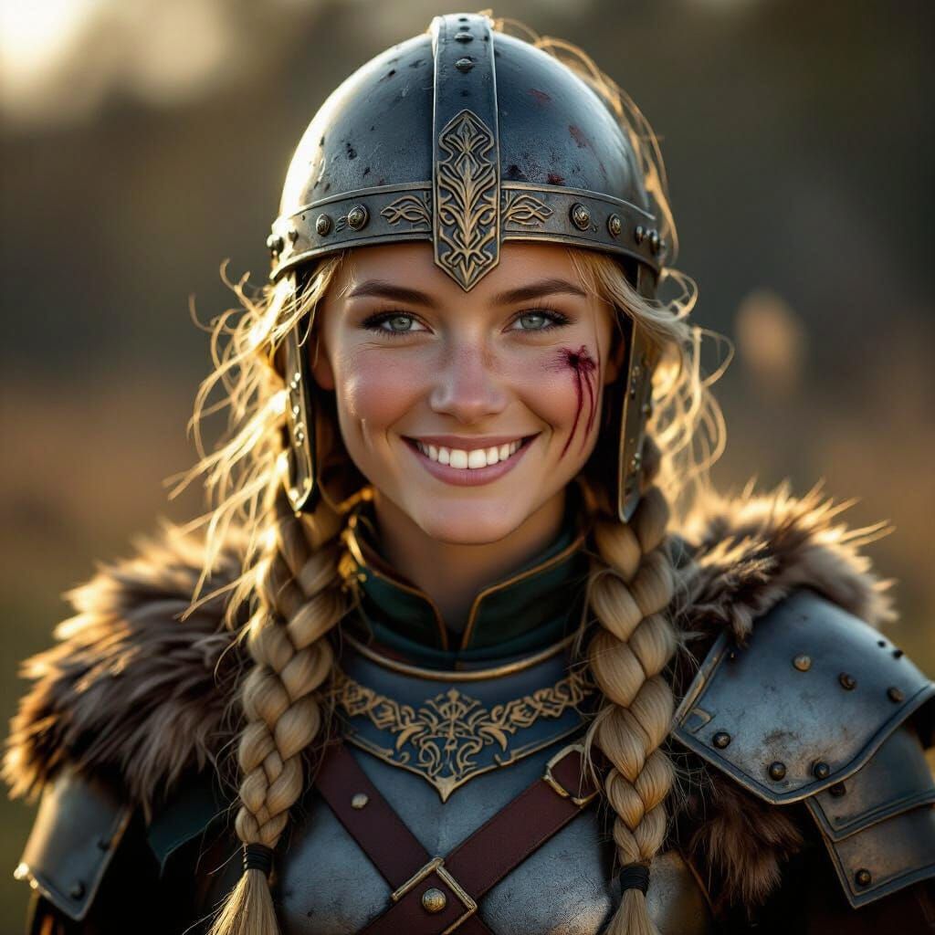 Proud Nordic Warrior Girl in Golden Hour Light