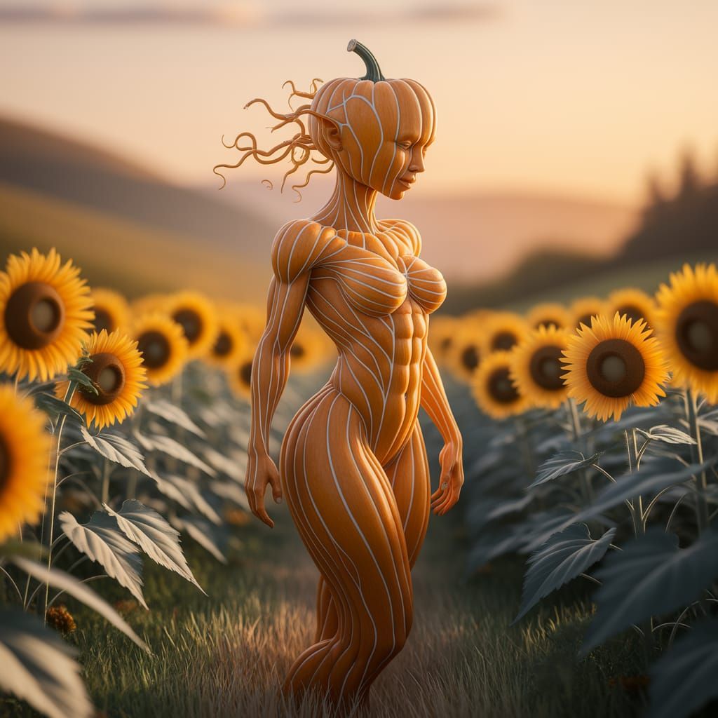 Muscular Pumpkin Woman in Golden Light, Fantasy Art Style