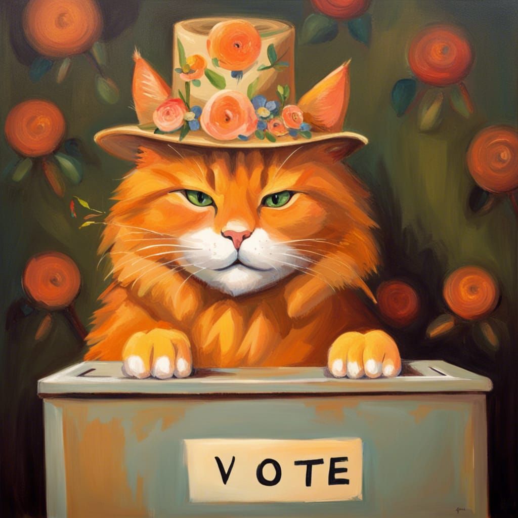 Orange Cat Votes in Pretty Floral Hat: Oil Painting