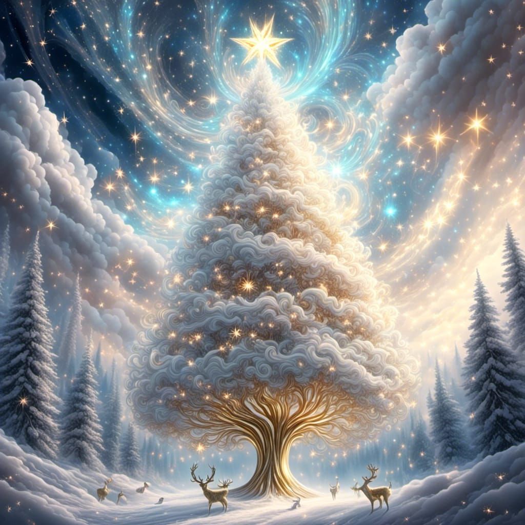 Christmas Tree Spaceship Soaring Through Storm Clouds